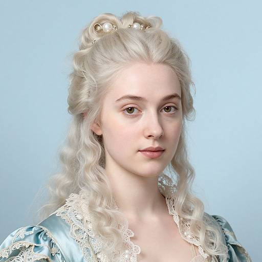 Digital portrait of a young woman with pale skin, curly white hair, and blue eyes, wearing a lace-trimmed blue satin dress, set against