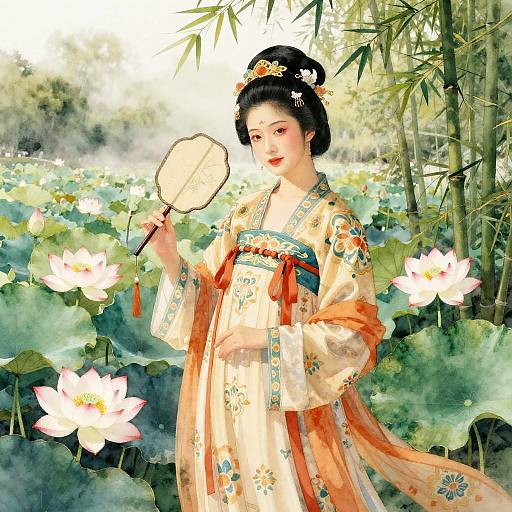 Digital painting of an elegant Asian woman in a floral kimono, holding a fan, standing among lotus flowers and bamboo.