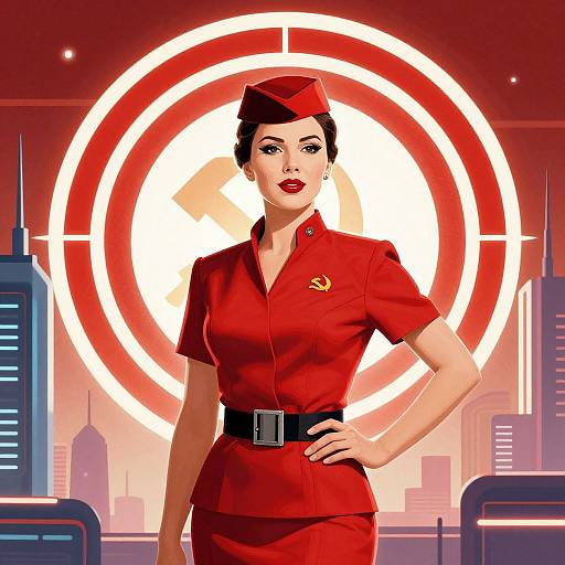 Digital illustration of a confident, red-uniformed, brunette air hostess with red hat, standing in front of a bright red circular background, with