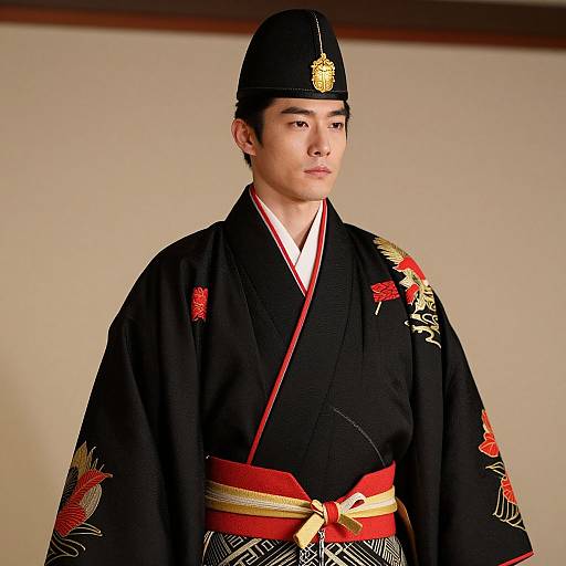 Photograph of a young Asian man in traditional black Japanese kimono with red and gold floral patterns, red obi, and black hat, standing against