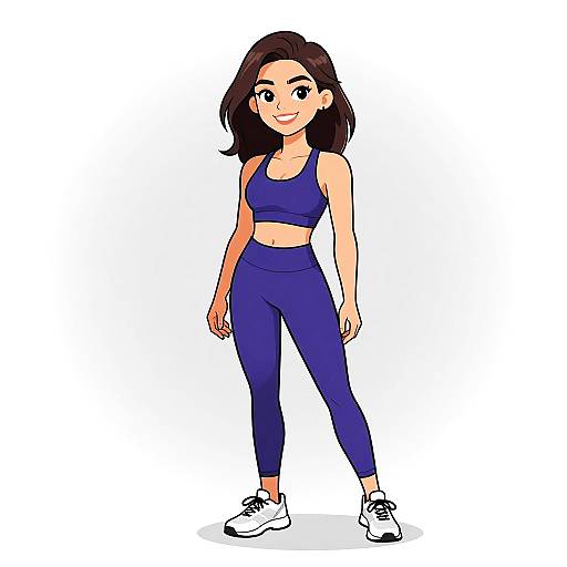Digital anime-style drawing of a smiling young woman with medium-length dark brown hair, wearing a blue sports bra, matching leggings, and white sneakers, standing