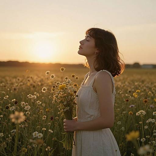 Photograph of a young woman with wavy brown hair, wearing a white dress, holding wildflowers, standing in a sunlit field at sunset,