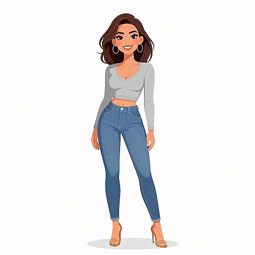 Digital illustration of a smiling woman with fair skin, brown hair, wearing a grey long-sleeve top, blue high-waisted jeans, and