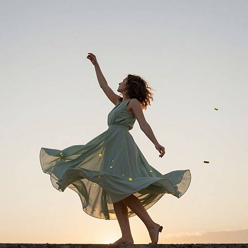 Photograph of a curly-haired woman in a flowing, green dress adorned with yellow flowers, joyfully dancing at sunset, arm raised, against a clear