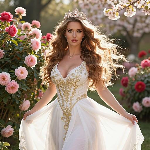 Photograph of a beautiful woman with long, wavy brown hair, wearing a white, gold-embellished gown and tiara, surrounded by