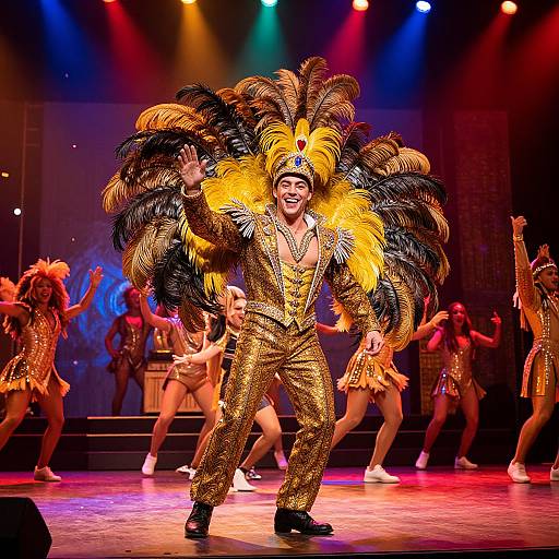 Showman in Feathered Costume on Broadway