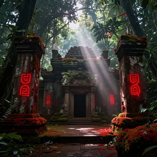 Photograph of a moss-covered, ancient stone temple with red neon symbols, illuminated by sunlight beams filtering through dense jungle foliage.