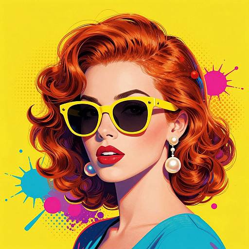 Vibrant digital illustration of a red-haired woman with curly hair, yellow sunglasses, red lipstick, white pearl earrings, and blue top, against a
