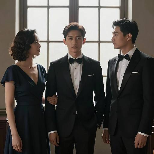 Three People in Formal Attire by Window