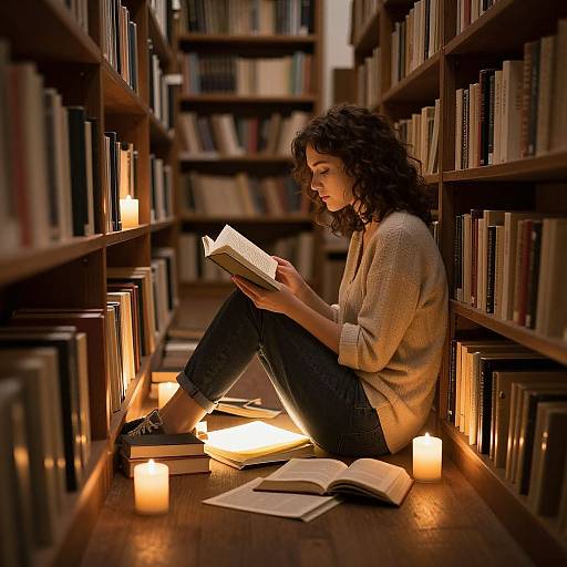 Photograph of a curly-haired woman in a beige sweater, sitting between bookshelves, reading a book illuminated by soft candles.