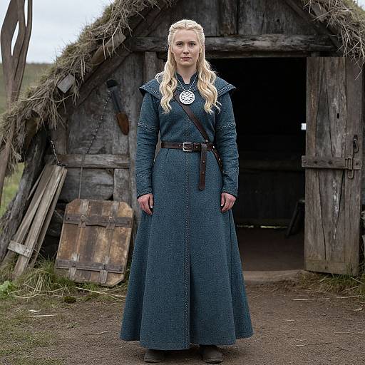 Photograph of a blonde woman with braided hair, wearing a long, dark blue, medieval-style coat, standing in front of a rustic, wooden