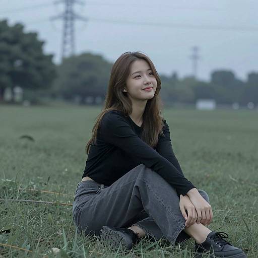 Young Woman Sitting on Grass in Field