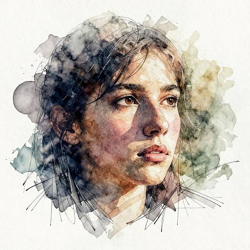 Watercolor sketch of a young woman with dark hair, brown eyes, and soft expression, featuring detailed shading and textured background.
