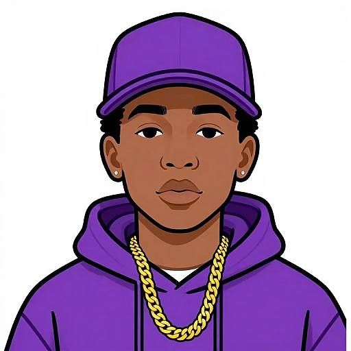 Digital illustration of a young Black man with medium brown skin, wearing a purple cap, hoodie, and gold chain, with a neutral expression against a white