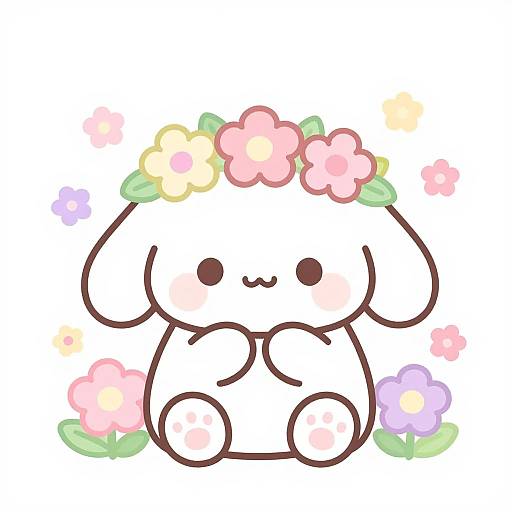 Cute chibi-style cartoon dog with pink, yellow, purple flowers on head and green leaves, sitting with hands near face.