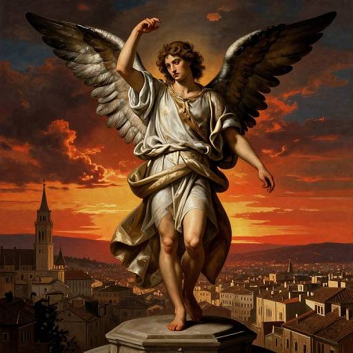 Photorealistic digital painting of a winged angel with curly hair, draped in silver robes, standing on a pedestal against a dramatic sunset cityscape with