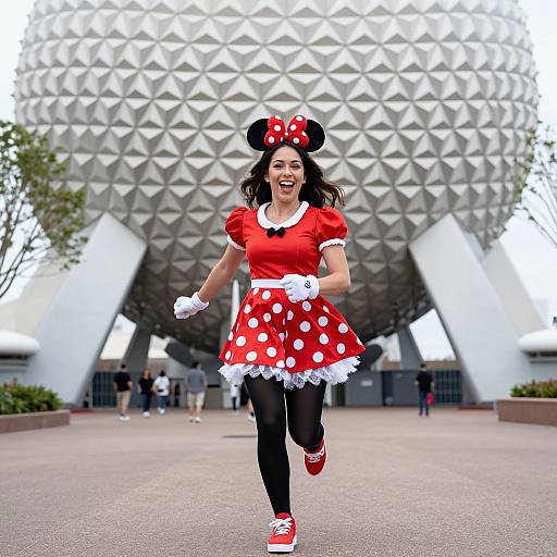 Photograph of a smiling woman in a Minnie Mouse costume with red dress, white polka dots, black tights, and red shoes, running
