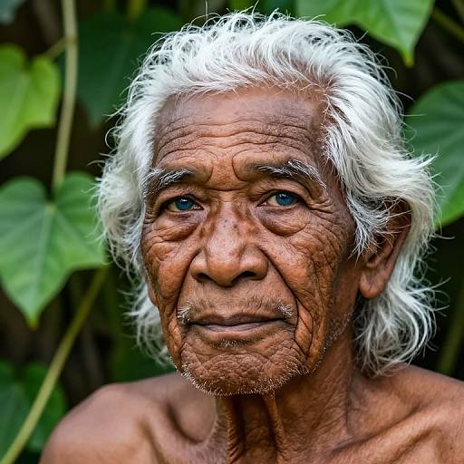 Photograph of an elderly Indian man with deeply wrinkled, sun-tanned skin, white disheveled hair, and blue eyes, set against a