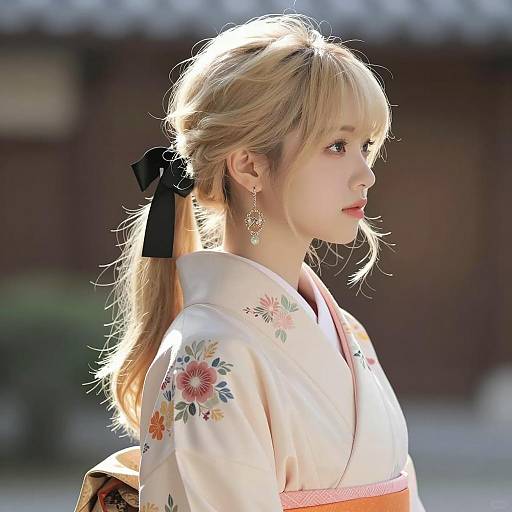 Elegant Young Woman in Floral Kimono