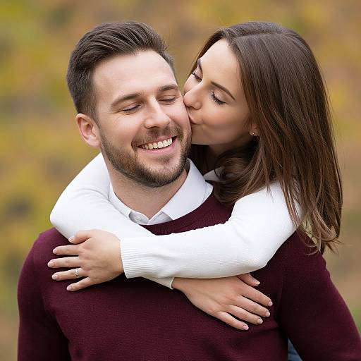 Photograph of a smiling bearded man in a white shirt and maroon sweater, hugged and kissed on the cheek by a brown-haired woman in a