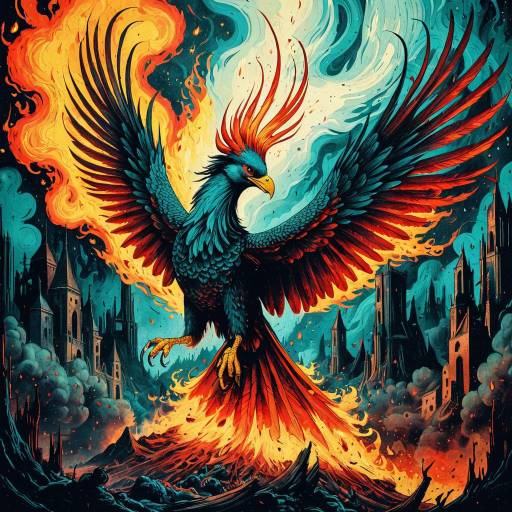 Soaring Phoenix in Surreal Fiery Landscape
