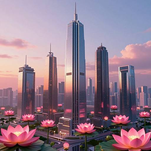 Digital art of a futuristic cityscape at sunset, featuring tall skyscrapers and vibrant pink lotus flowers in the foreground.