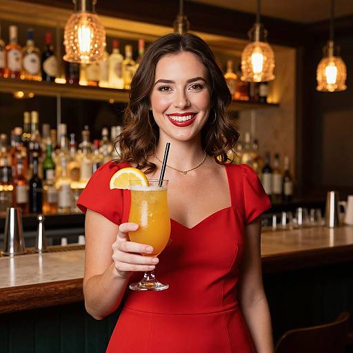 Smiling Woman in Red Dress with Cocktail