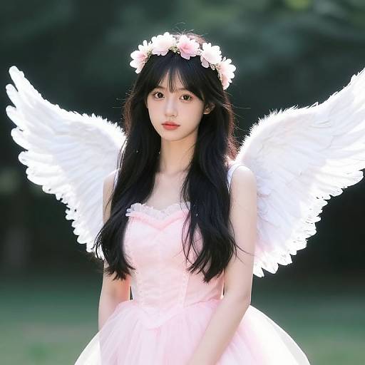 Photograph of an Asian woman with long black hair, wearing a pink flower crown, white angel wings, and a pink dress, standing in a green