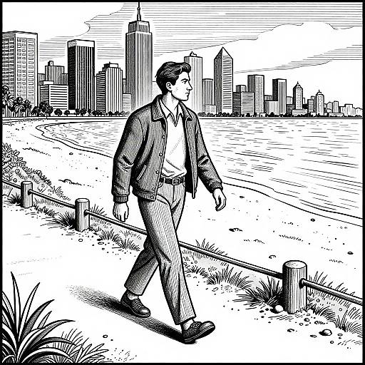 Black-and-white ink drawing of a man in a suit walking along a lakeside path with a city skyline in the background.