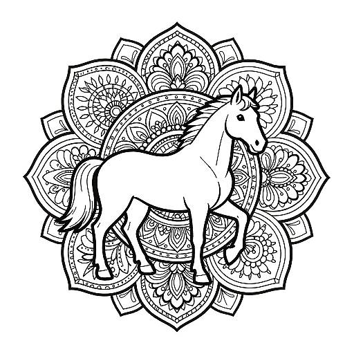 Black-and-white line drawing of a standing horse surrounded by intricate, symmetrical floral patterns, creating a mandala-like design.
