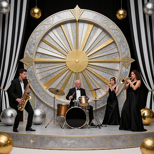 Photograph of a jazz band on stage: bald drummer in black tuxedo, saxophonist on left, two women in black dresses playing trump