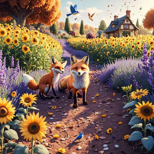 Whimsical Autumn Garden with Fox and Bird