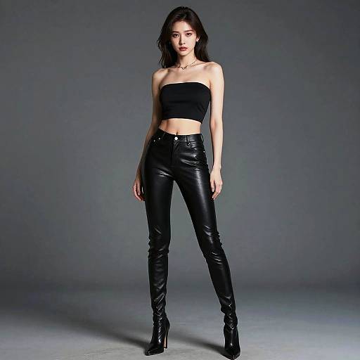 Photograph of a young woman with dark hair, wearing a black strapless crop top and high-waisted, black leather pants, standing confidently against