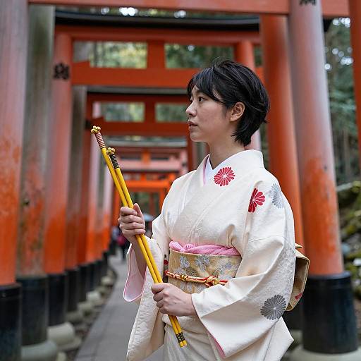 Elegant Japanese Woman Under Torii Gates