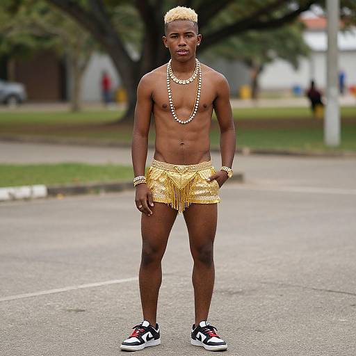 Photograph of a shirtless, muscular Black man with bleached blonde hair, wearing gold patterned shorts, pearl necklace, bracelets, and black sneakers