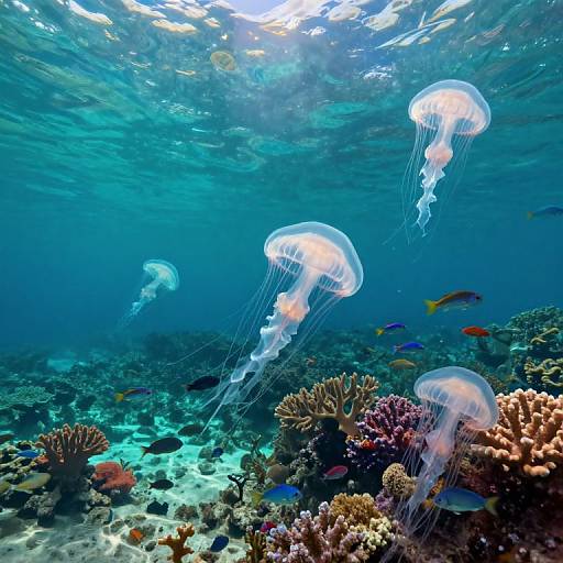 Photograph of vibrant underwater scene with three glowing jellyfish floating above colorful coral reef, surrounded by small fish and sunlight filtering through clear blue water.
