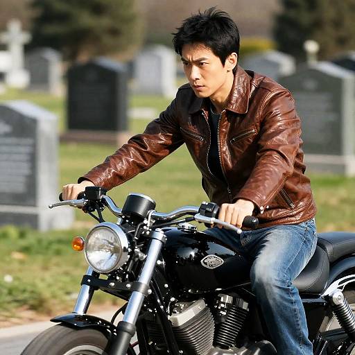 Intense Biker in a Cemetery Scene