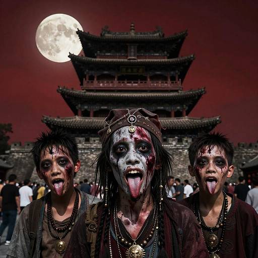Photograph of three Asian men with white-painted faces, blackened eyes, and tongues out, standing in front of a traditional pagoda under a