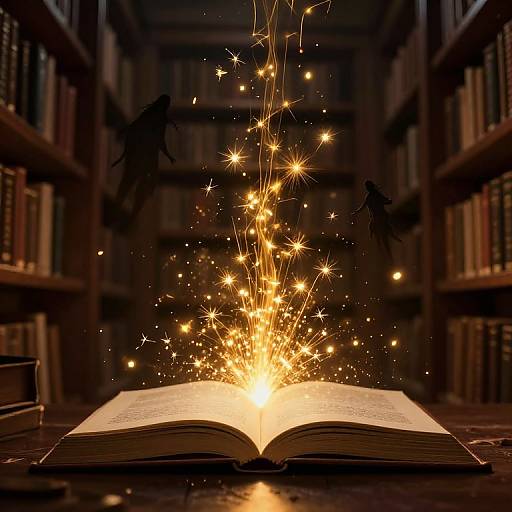 Photograph of an open book emitting bright, sparkling golden light with floating star-like points, set in a dimly lit library with dark wooden shelves and
