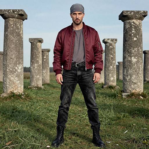 Photograph of a bearded man in a red bomber jacket, black jeans, and boots, wearing a bandana, standing among ancient stone columns on