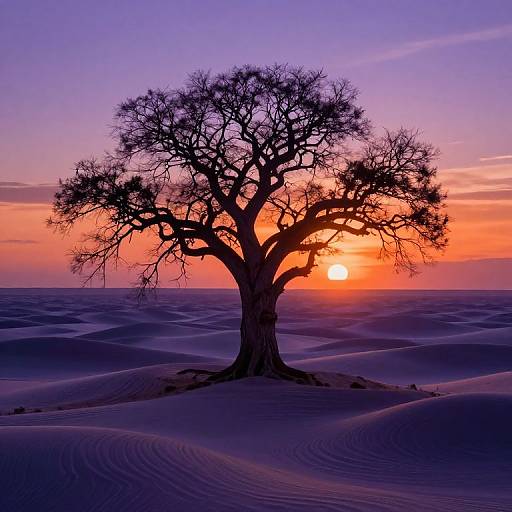 Photograph of a solitary, leafless tree silhouetted against a vibrant orange and purple sunset, standing on rippled sand dunes.