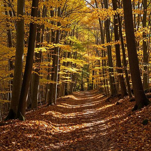 Photograph of a sunlit autumn forest path, lined with tall trees, their yellow leaves casting warm light on a carpet of brown fallen leaves.