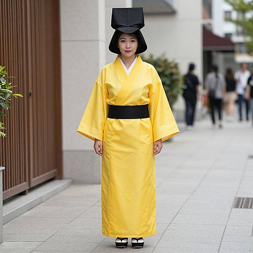 Photograph of an Asian woman in a bright yellow kimono with black obi, black top hat, and black sandals, standing on a city sidewalk
