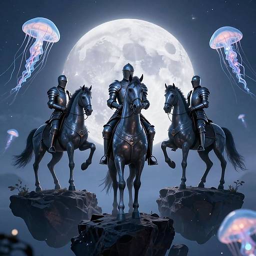 Digital art: Silhouetted armored knights on horses, standing on rocky platforms, facing a glowing full moon, with jellyfish floating above.