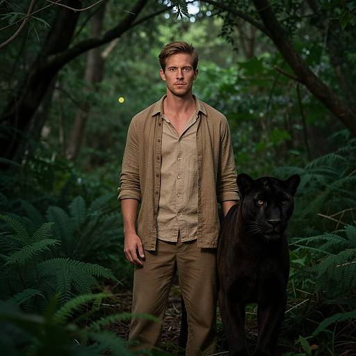 Photograph of a handsome, fair-skinned man with short brown hair, wearing a beige shirt and khaki pants, standing in a dark forest beside
