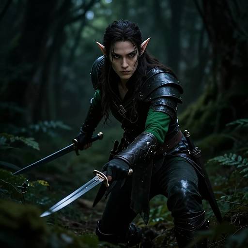 Photorealistic CGI of a fierce, dark-haired elf warrior with pointed ears, in black armor and green undershirt, crouching in a
