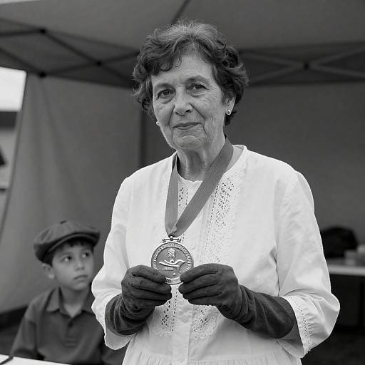 Elderly Woman Holding Medal by Tent