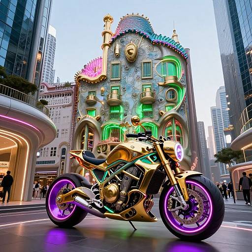 Golden Gaudi-Style Futuristic Motorcycle in Cityscape