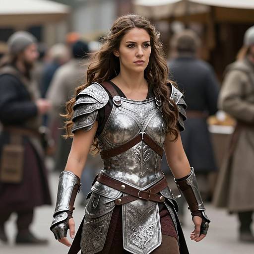 Photograph of a determined woman with long brown hair, wearing ornate silver medieval armor, standing in a bustling, blurred marketplace.