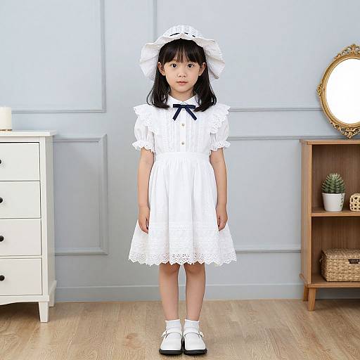 Photograph of an Asian girl in a white lace dress, black ribbon, white hat, white socks, and black shoes, standing in a light blue